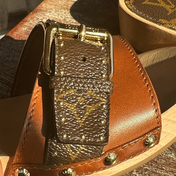 LOUIS VUITTON Brown Leather LV Monogram Cottage Mule Wood Clog Sandals 6.5 - Picture 14 of 17